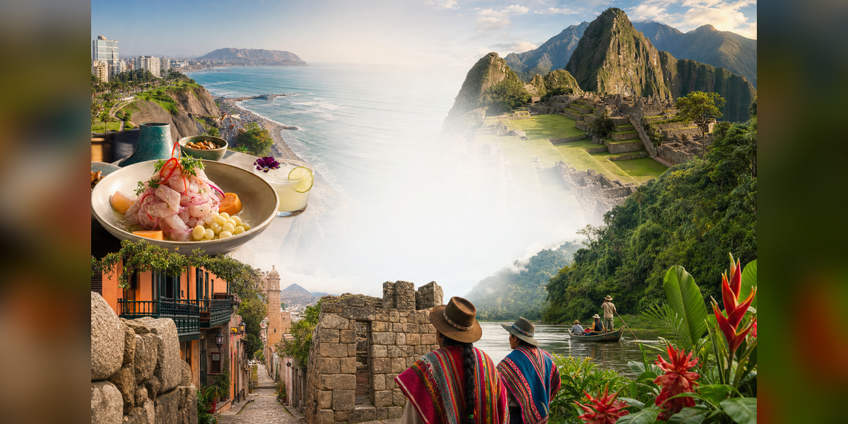 Best countries to visit 2026 editorial hero featuring Peru's food, Andes, archaeology, coast, and cloud forest