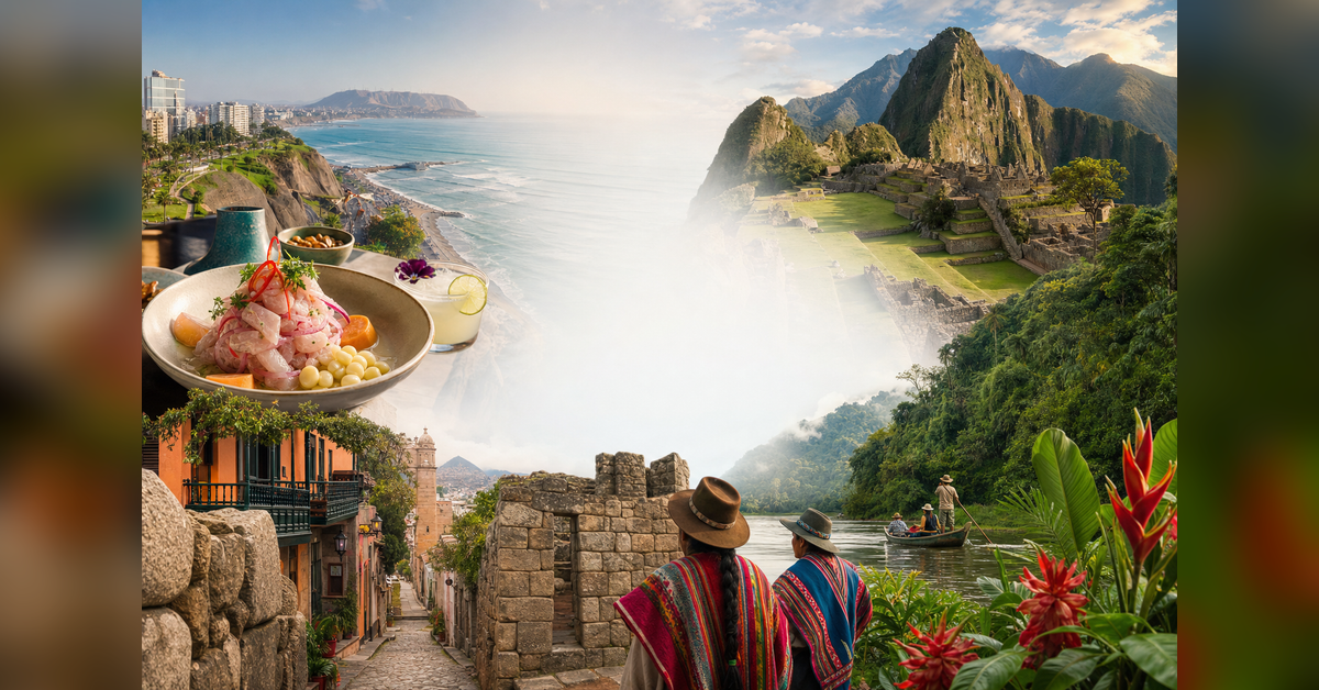 Best countries to visit 2026 editorial hero featuring Peru's food, Andes, archaeology, coast, and cloud forest
