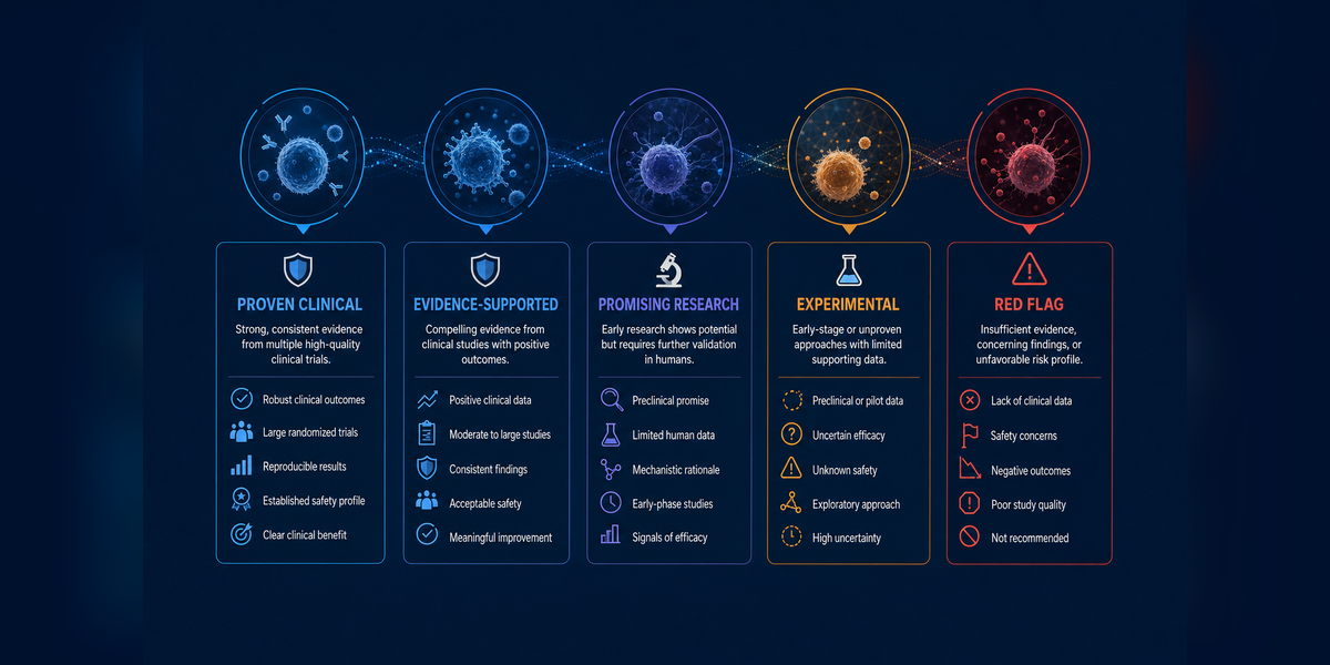 Best Immune System Regeneration Therapies evidence-tier chart showing proven, promising, experimental, and red-flag categories