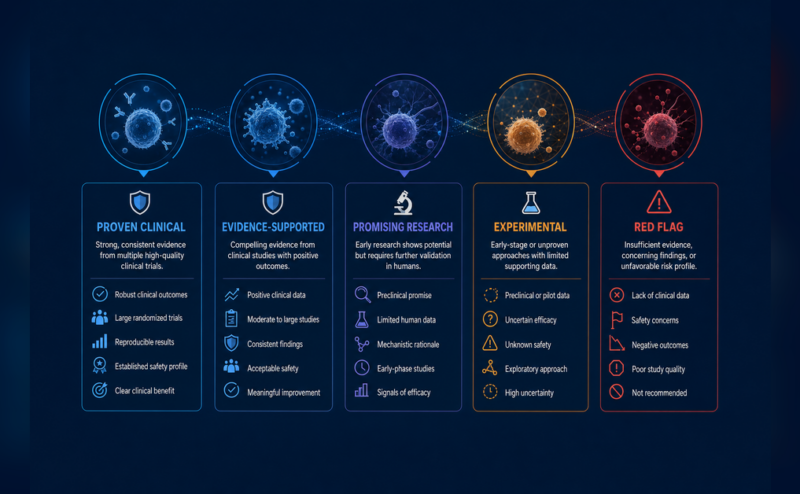 Best Immune System Regeneration Therapies evidence-tier chart showing proven, promising, experimental, and red-flag categories