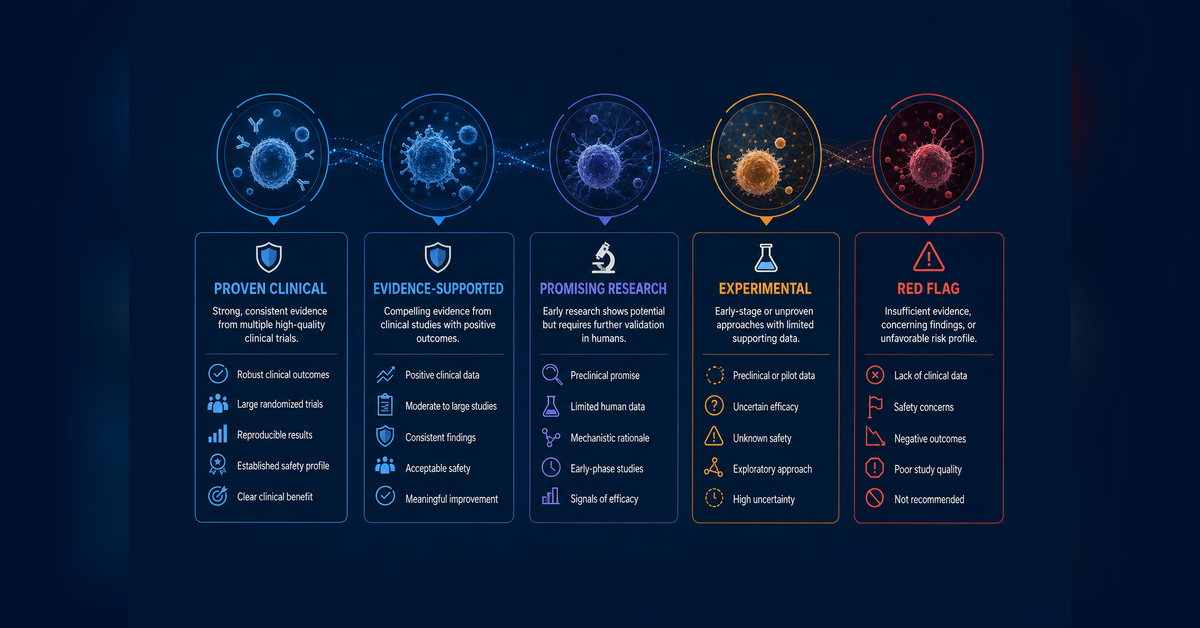 Best Immune System Regeneration Therapies evidence-tier chart showing proven, promising, experimental, and red-flag categories
