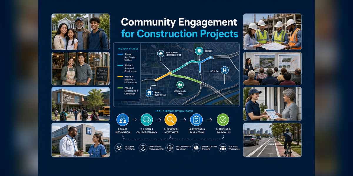 Community engagement construction projects connecting stakeholders, impacts, issue resolution, and delivery
