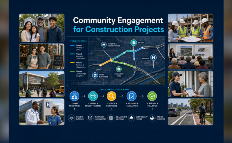 Community engagement construction projects connecting stakeholders, impacts, issue resolution, and delivery