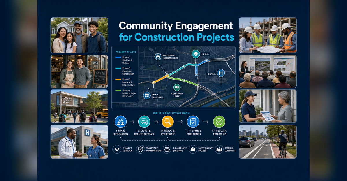 Community engagement construction projects connecting stakeholders, impacts, issue resolution, and delivery