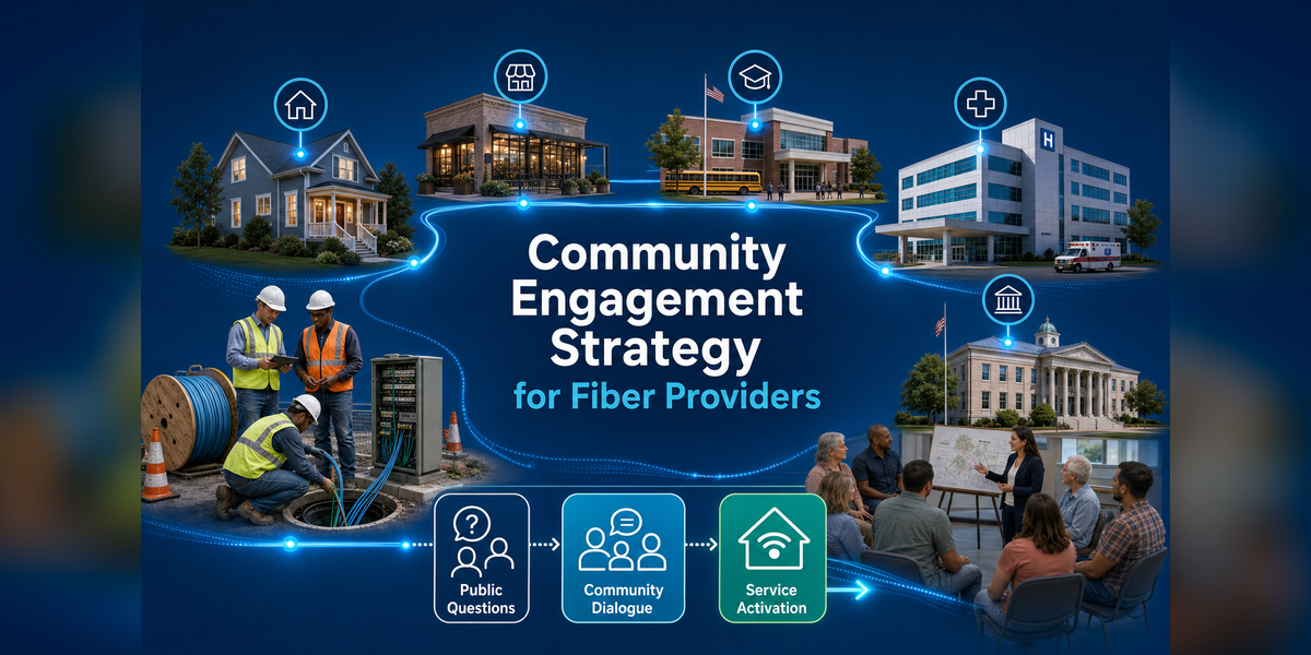Community engagement strategy for fiber providers connecting stakeholders, construction communication, issue resolution, and activation