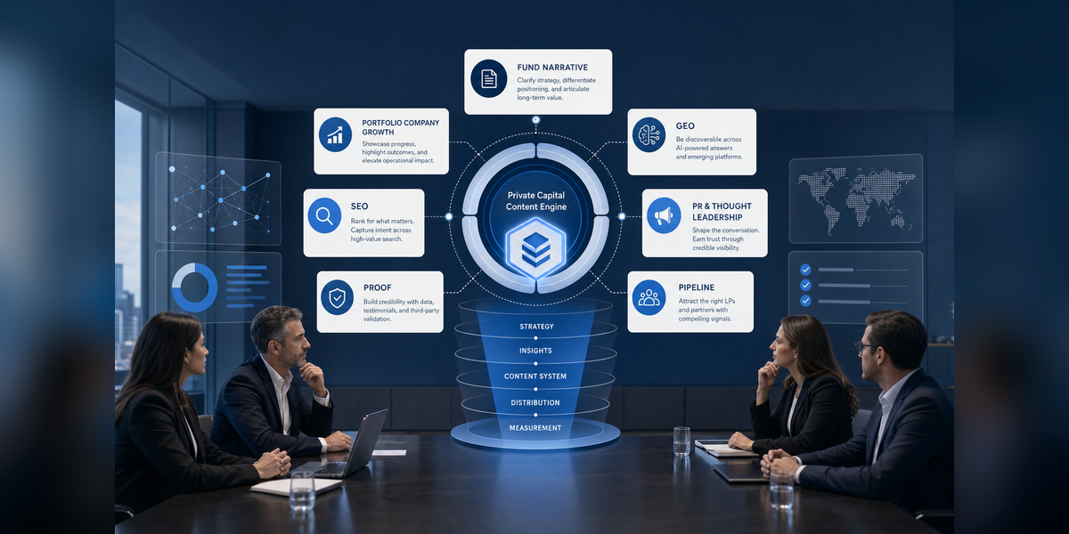 Content Marketing Agencies For Private Equity And VC Firms strategy hero showing fund narrative, PortCo growth, SEO, GEO, PR, and proof