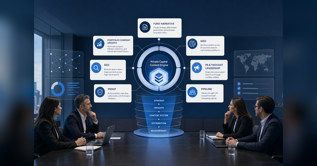Content Marketing Agencies For Private Equity And VC Firms strategy hero showing fund narrative, PortCo growth, SEO, GEO, PR, and proof