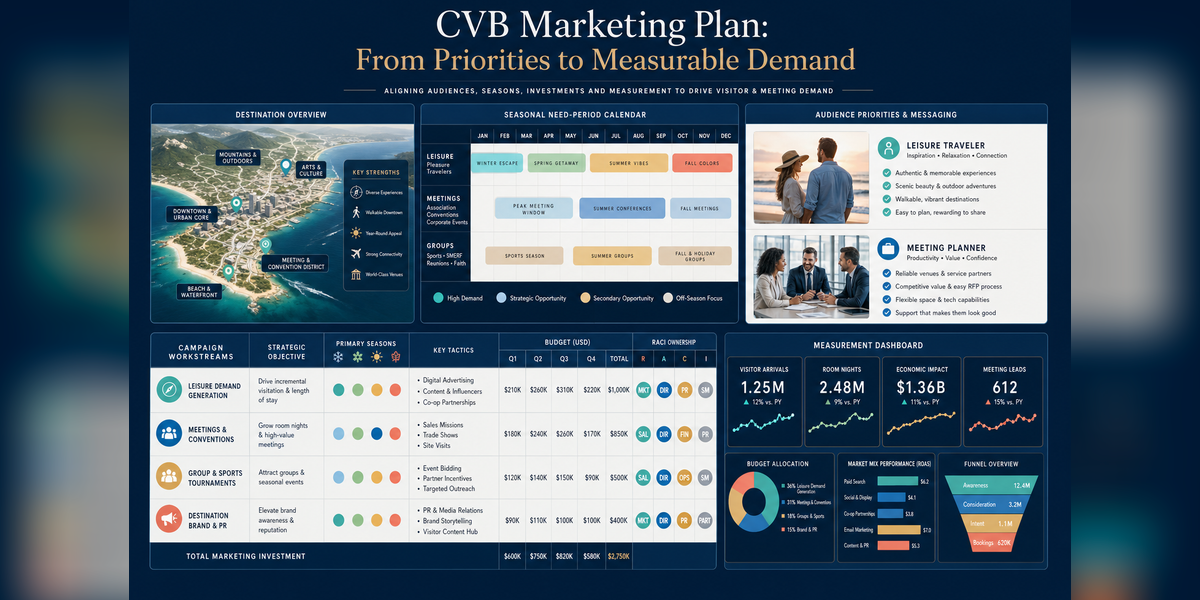 CVB marketing plan connecting destination priorities, need periods, audiences, budget, ownership and measurement
