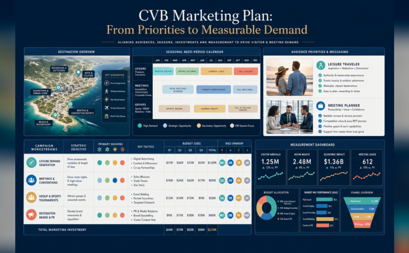 CVB marketing plan connecting destination priorities, need periods, audiences, budget, ownership and measurement