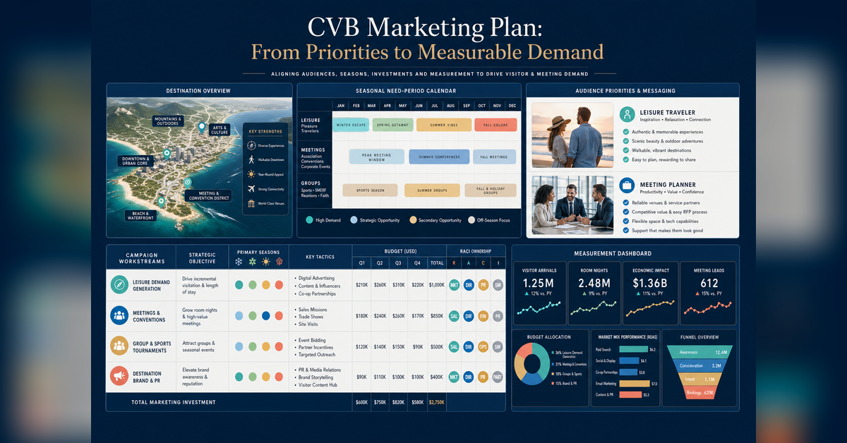 CVB marketing plan connecting destination priorities, need periods, audiences, budget, ownership and measurement
