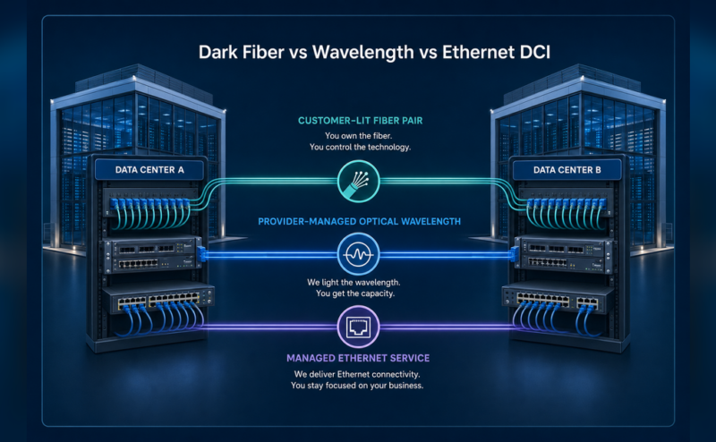 Dark fiber vs wavelength vs Ethernet DCI comparison between two data centers