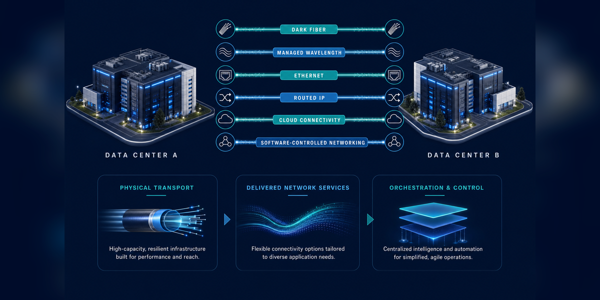 Data center interconnect options comparing dark fiber, wavelength, Ethernet, MPLS, cloud on-ramps and software-defined DCI