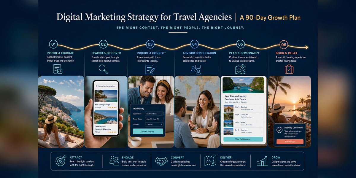 Digital marketing strategy for travel agency growth connecting specialty positioning, trip inquiries, advisor conversations and bookings