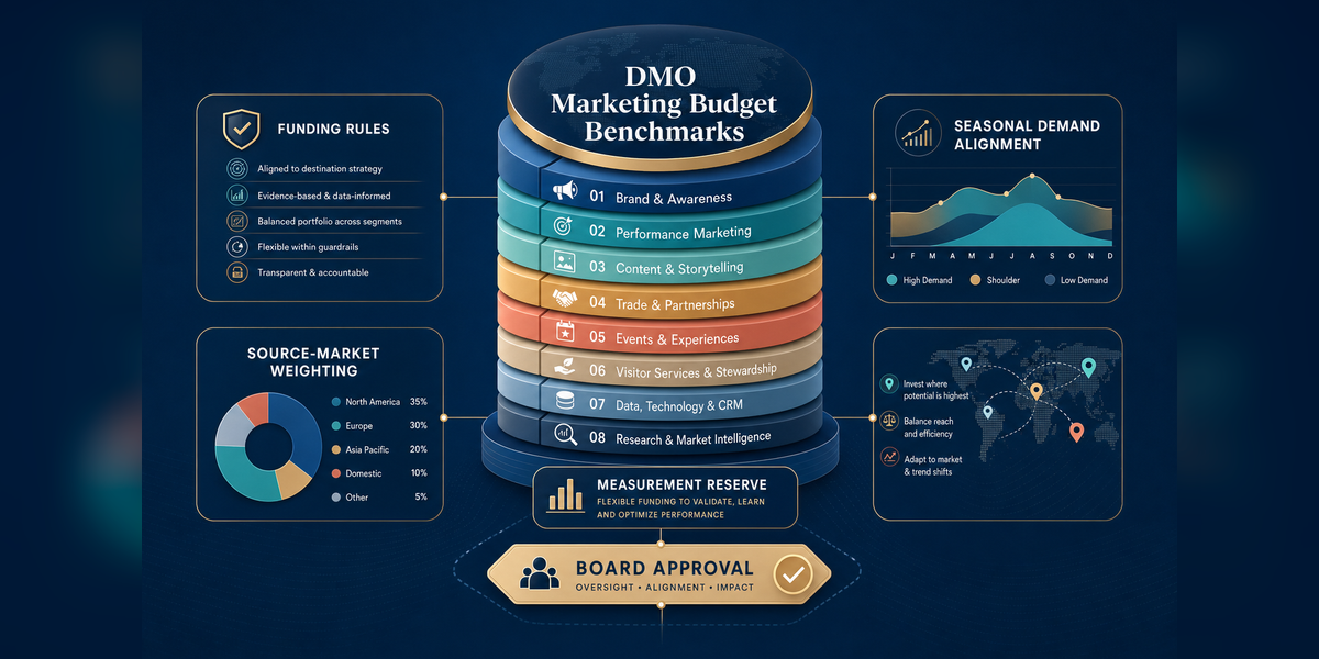 DMO marketing budget framework with channel allocation, market weighting, measurement and board decisions