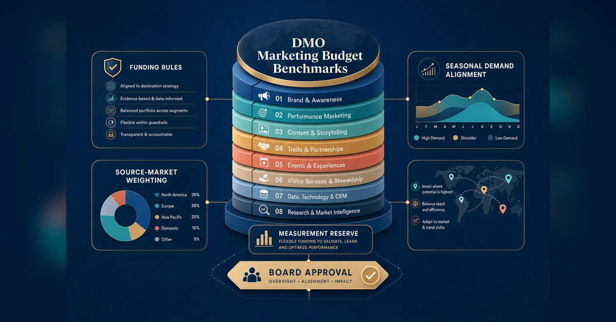DMO marketing budget framework with channel allocation, market weighting, measurement and board decisions
