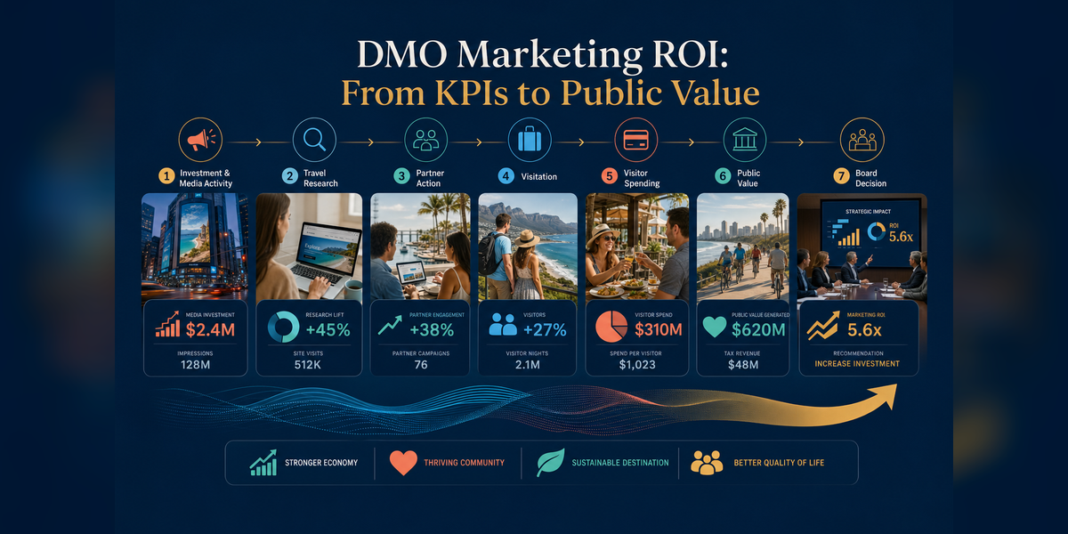 DMO marketing ROI evidence chain from campaign investment to visitor spending and public value