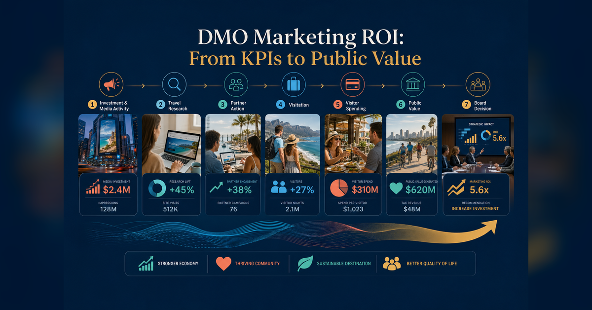 DMO marketing ROI evidence chain from campaign investment to visitor spending and public value