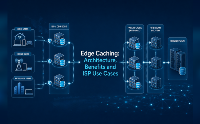 Edge caching architecture showing users, ISP or CDN edge nodes, a parent cache, upstream delivery and origin paths