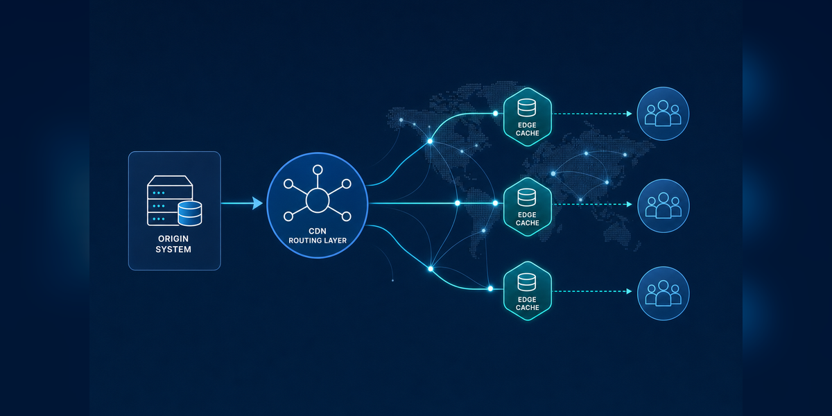 Edge caching vs CDN architecture showing an origin, CDN routing, edge cache nodes and users