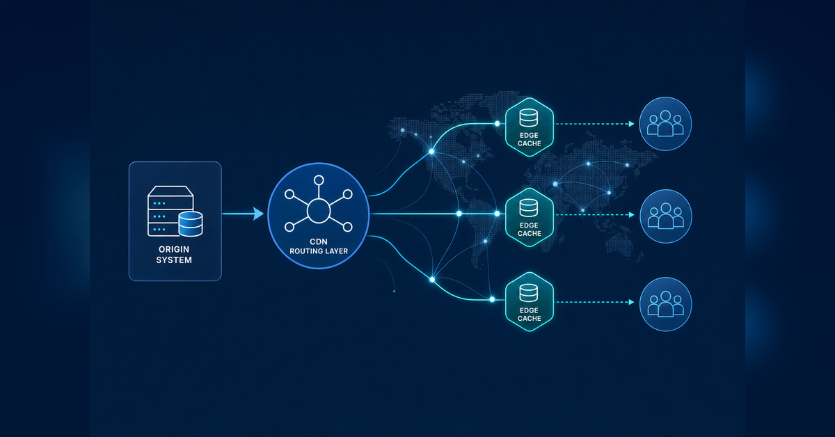 Edge caching vs CDN architecture showing an origin, CDN routing, edge cache nodes and users
