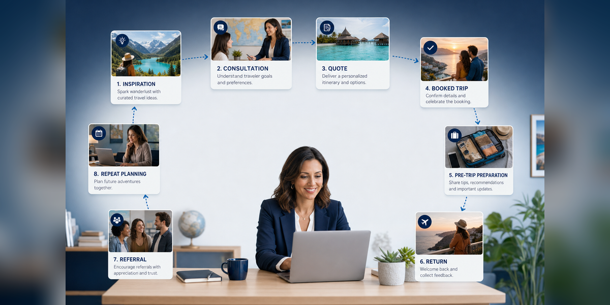 Email marketing for travel agencies connecting welcome, consultation, quote, pre-trip, post-trip and repeat-booking workflows.