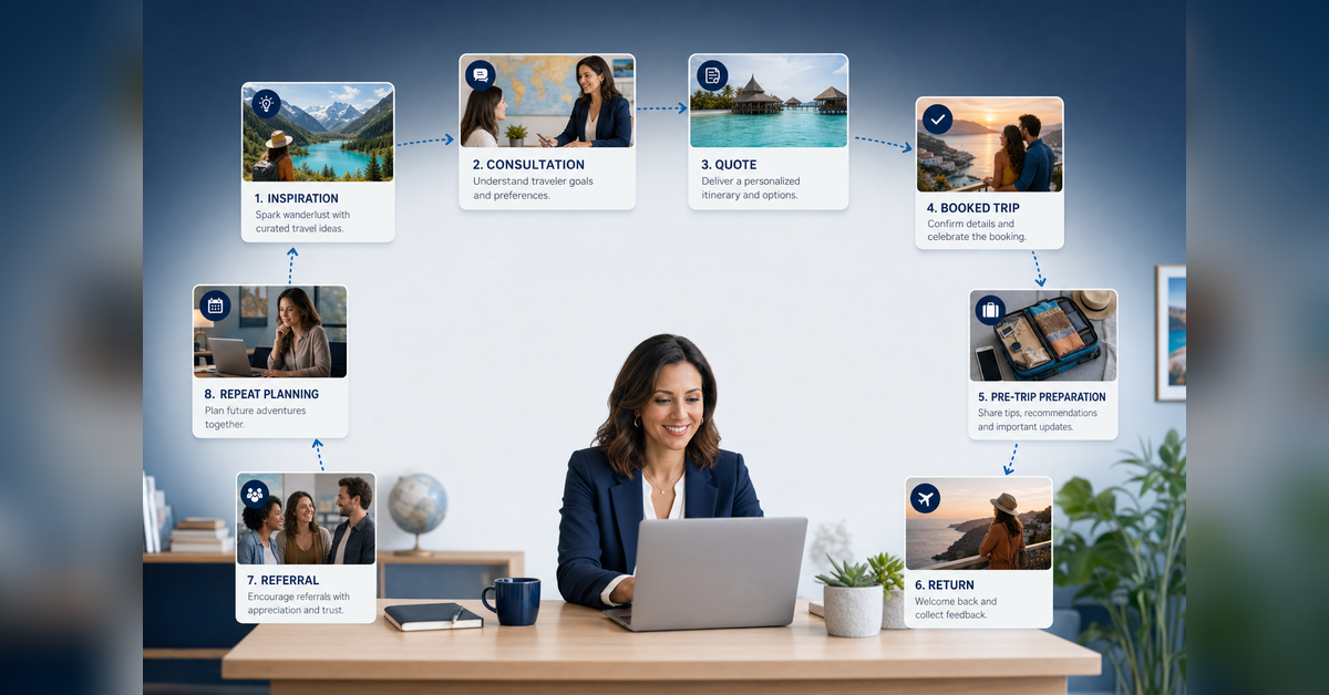 Email marketing for travel agencies connecting welcome, consultation, quote, pre-trip, post-trip and repeat-booking workflows.