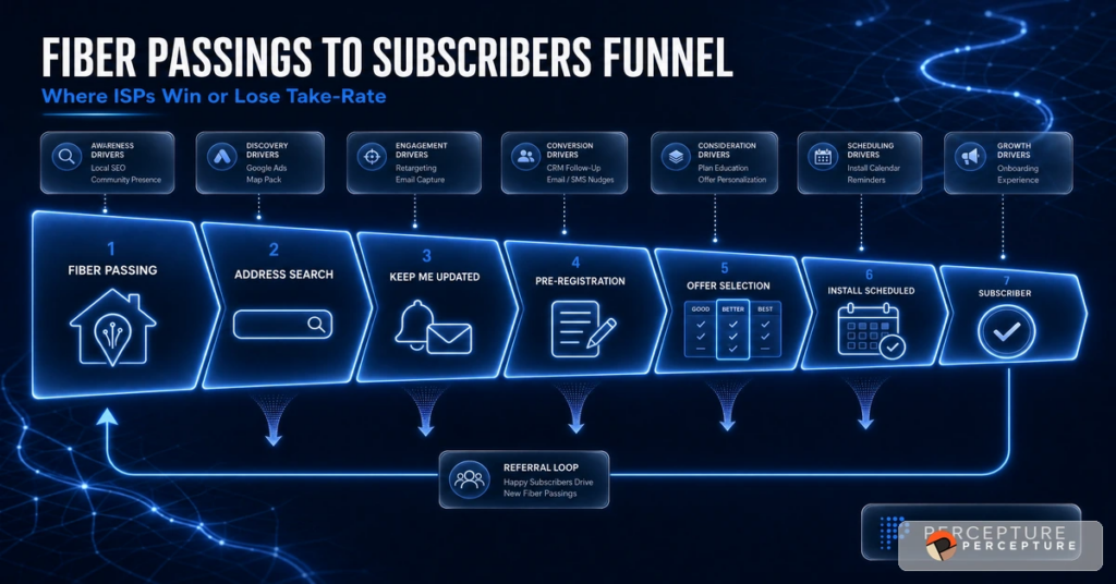 Percepture fiber passings-to-subscribers funnel showing awareness, trust, address confirmation, offer selection, install scheduling, and retention
