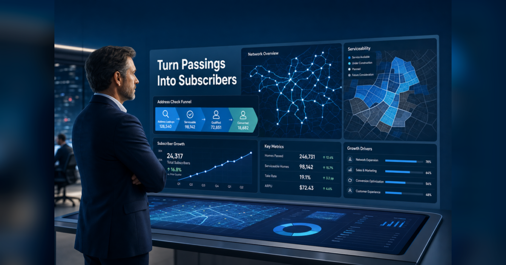 Fiber take-rate marketing command center for turning broadband passings into subscribers with address-level campaigns and trust building