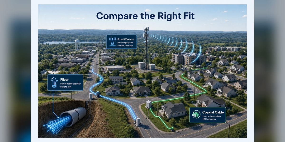 Fiber vs. Fixed Wireless vs. Cable infrastructure comparison for serviceable broadband markets
