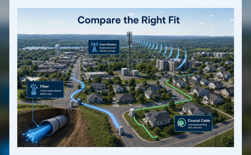 Fiber vs. Fixed Wireless vs. Cable infrastructure comparison for serviceable broadband markets
