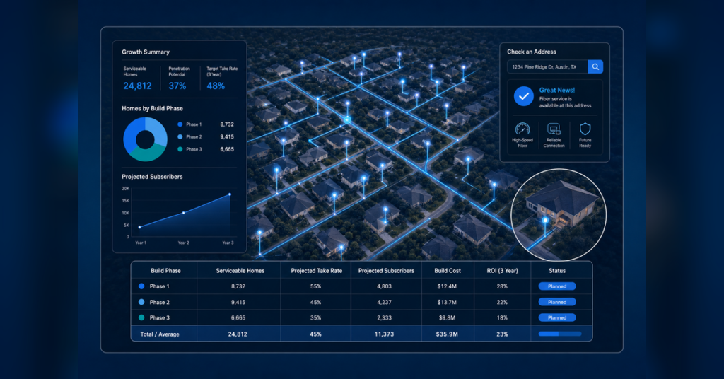 FTTH marketing strategy showing residential fiber serviceability, local search, address checks, subscriber growth, and retention planning
