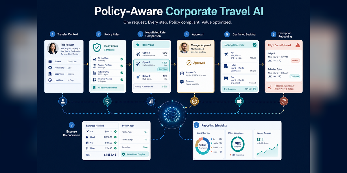 How generative AI improves corporate travel booking through policy, negotiated rates, approvals, rebooking and expense controls