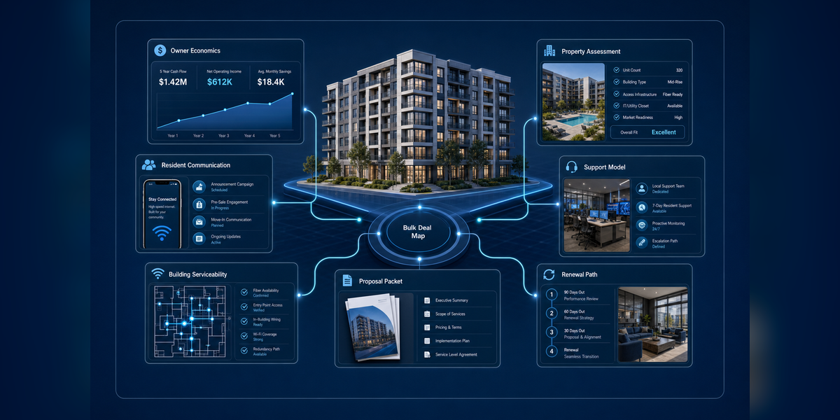 How ISPs Win Multifamily Bulk Internet Deals command center showing owner economics, resident communication, support model, and renewal path.