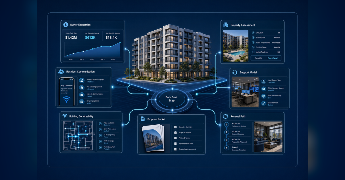 How ISPs Win Multifamily Bulk Internet Deals command center showing owner economics, resident communication, support model, and renewal path.