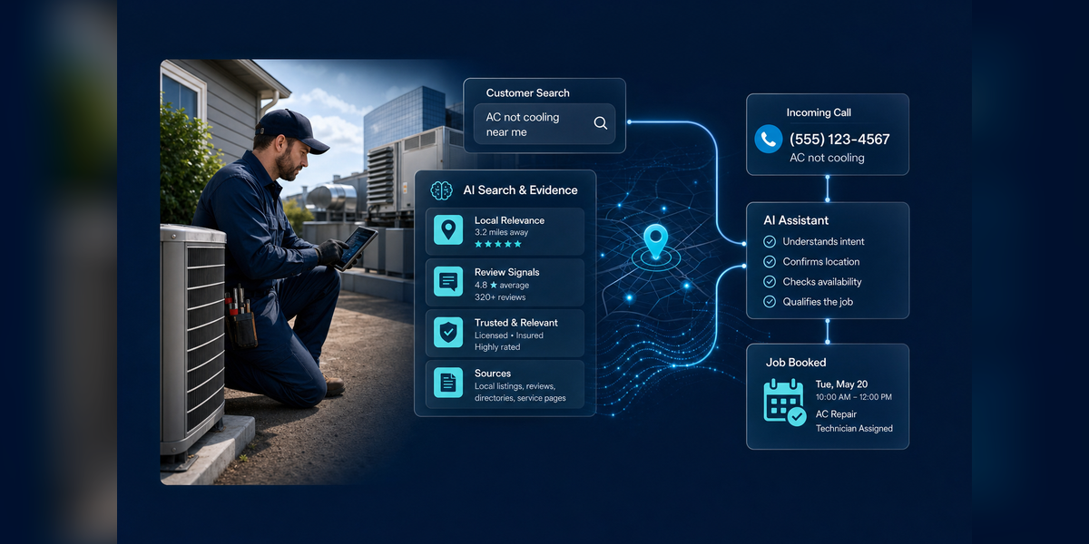 HVAC AI search optimization connecting customer prompts, trusted sources, AI recommendations, and booked service calls