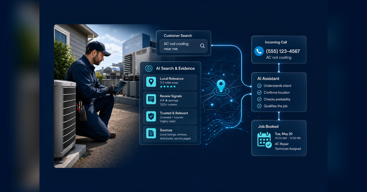 HVAC AI search optimization connecting customer prompts, trusted sources, AI recommendations, and booked service calls