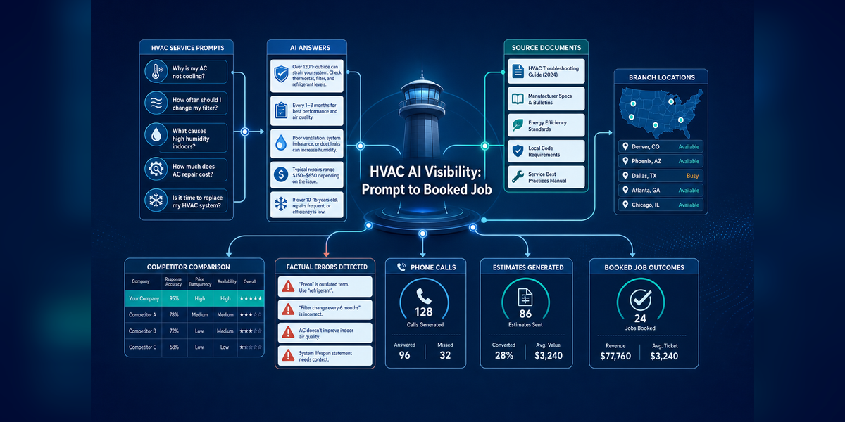 HVAC AI visibility audit connecting prompts, answers, sources, competitors, calls, estimates and booked jobs