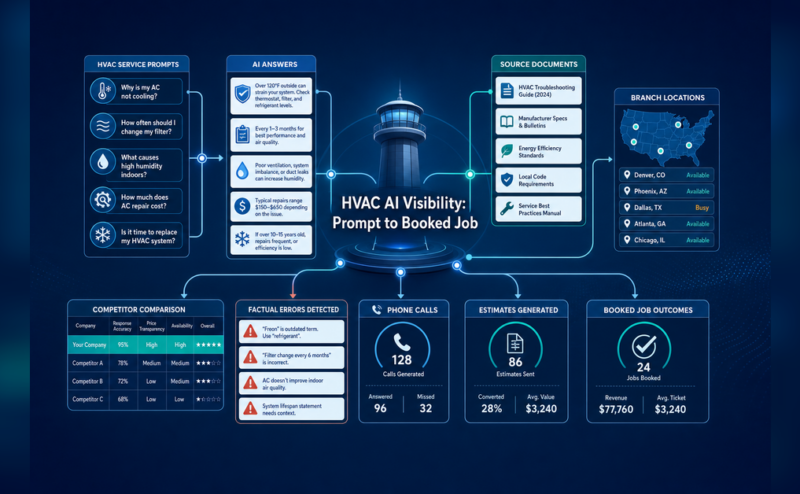 HVAC AI visibility audit connecting prompts, answers, sources, competitors, calls, estimates and booked jobs