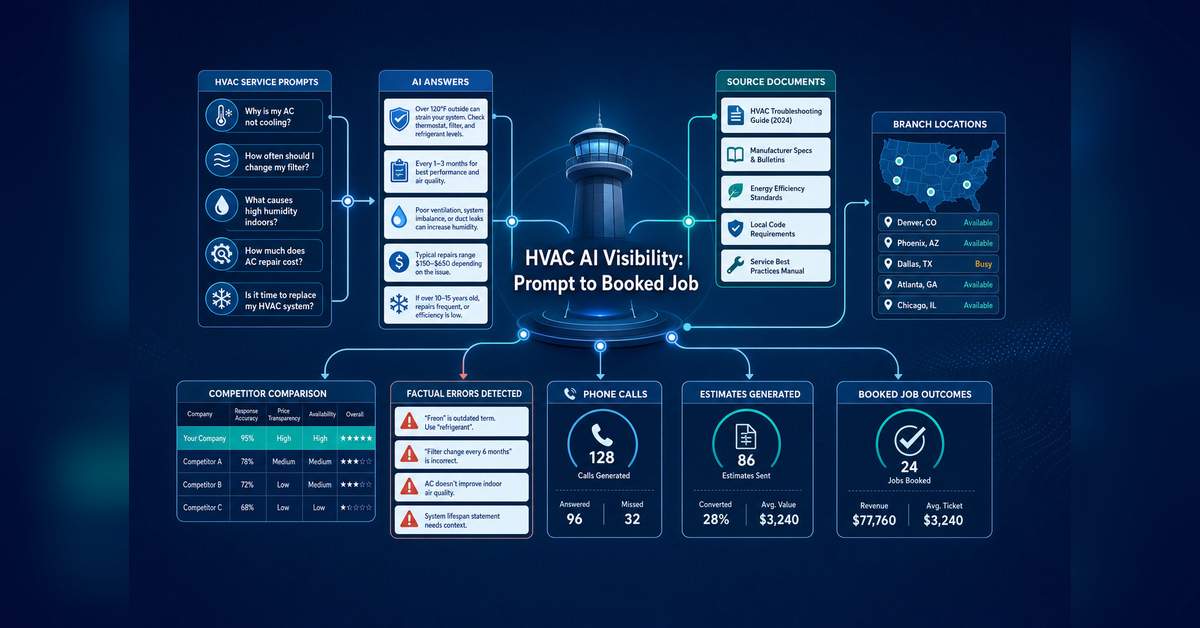 HVAC AI visibility audit connecting prompts, answers, sources, competitors, calls, estimates and booked jobs