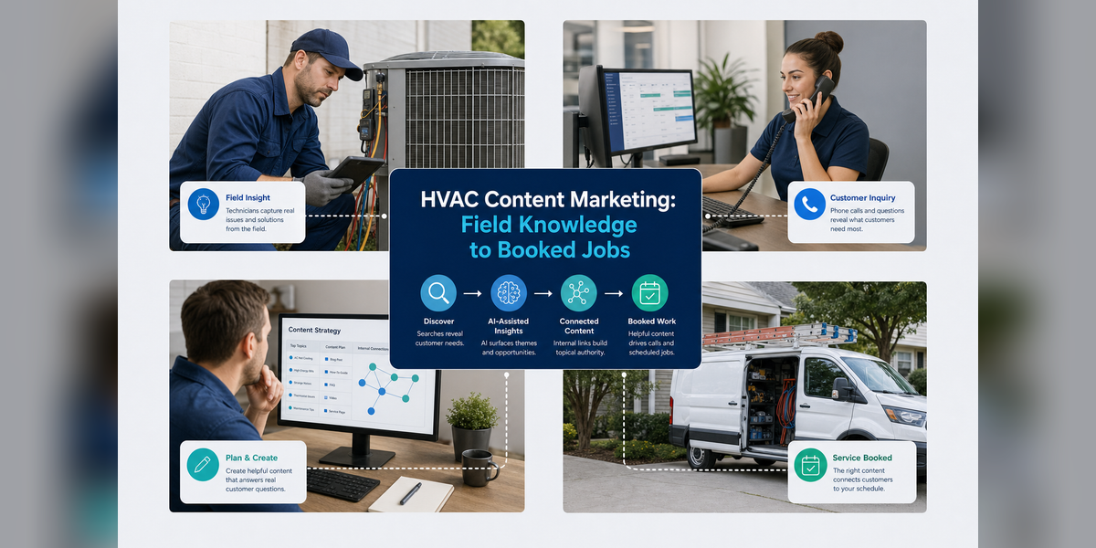 HVAC content marketing strategy connecting technician expertise, search visibility, AI answers, and booked jobs
