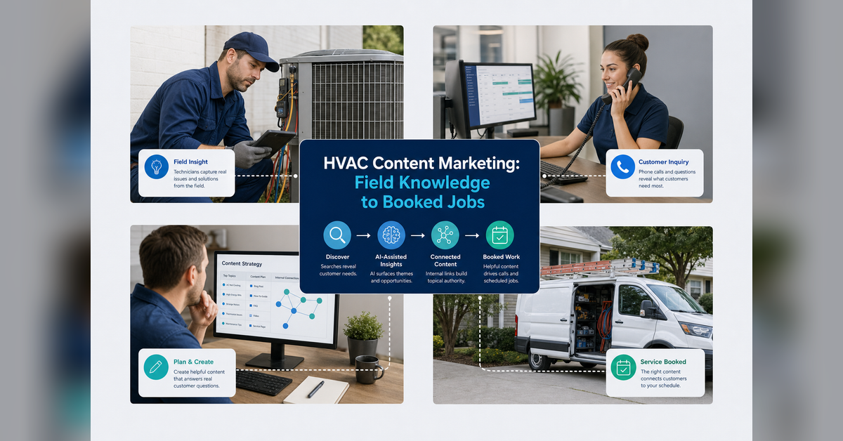 HVAC content marketing strategy connecting technician expertise, search visibility, AI answers, and booked jobs