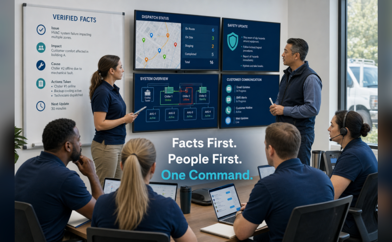 HVAC crisis communication team coordinating verified facts, safety actions and stakeholder updates