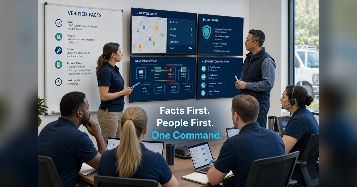 HVAC crisis communication team coordinating verified facts, safety actions and stakeholder updates