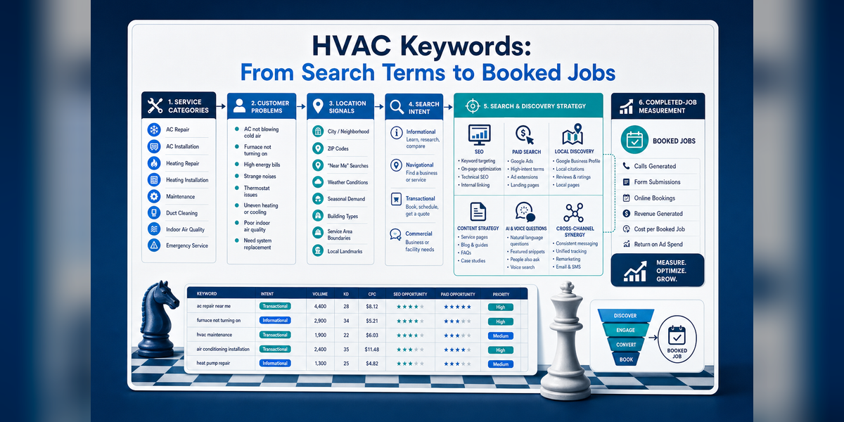 HVAC keywords search-intent map connecting SEO, PPC, content, local search, AI prompts and booked jobs