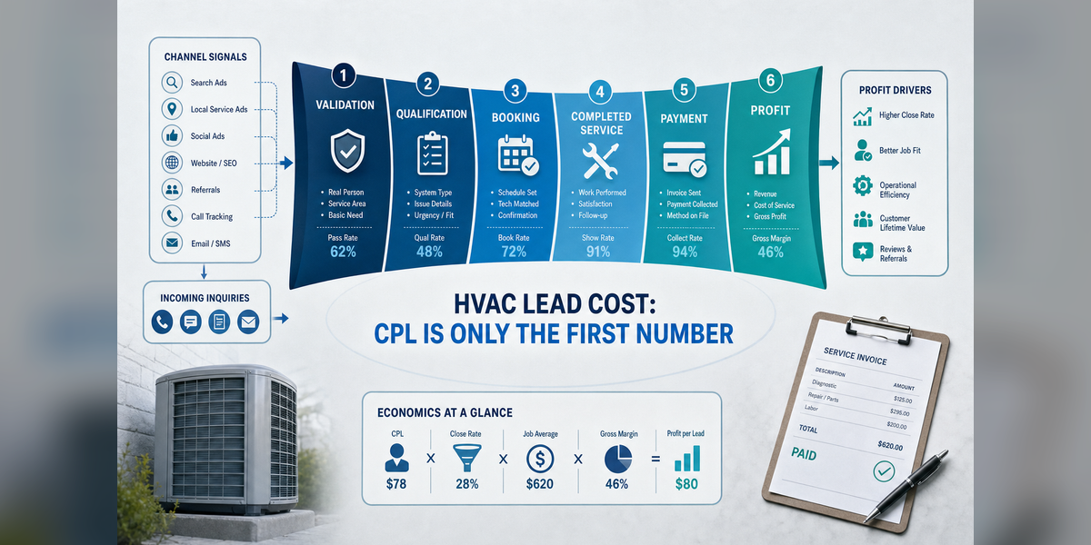HVAC lead cost funnel from initial inquiry to completed work and profit