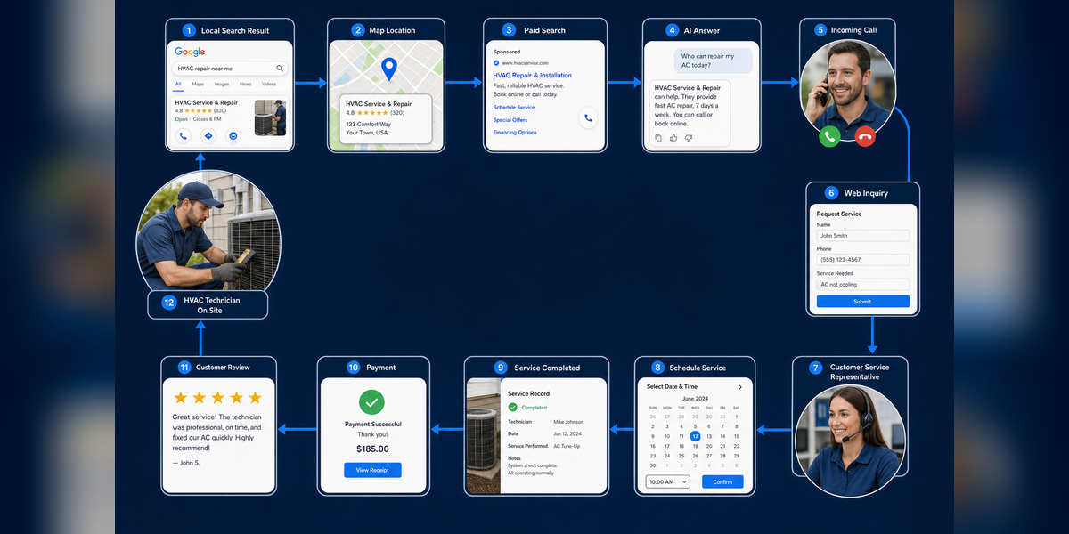 HVAC lead generation agency connecting search, calls, booking, completed jobs, profit, and retention
