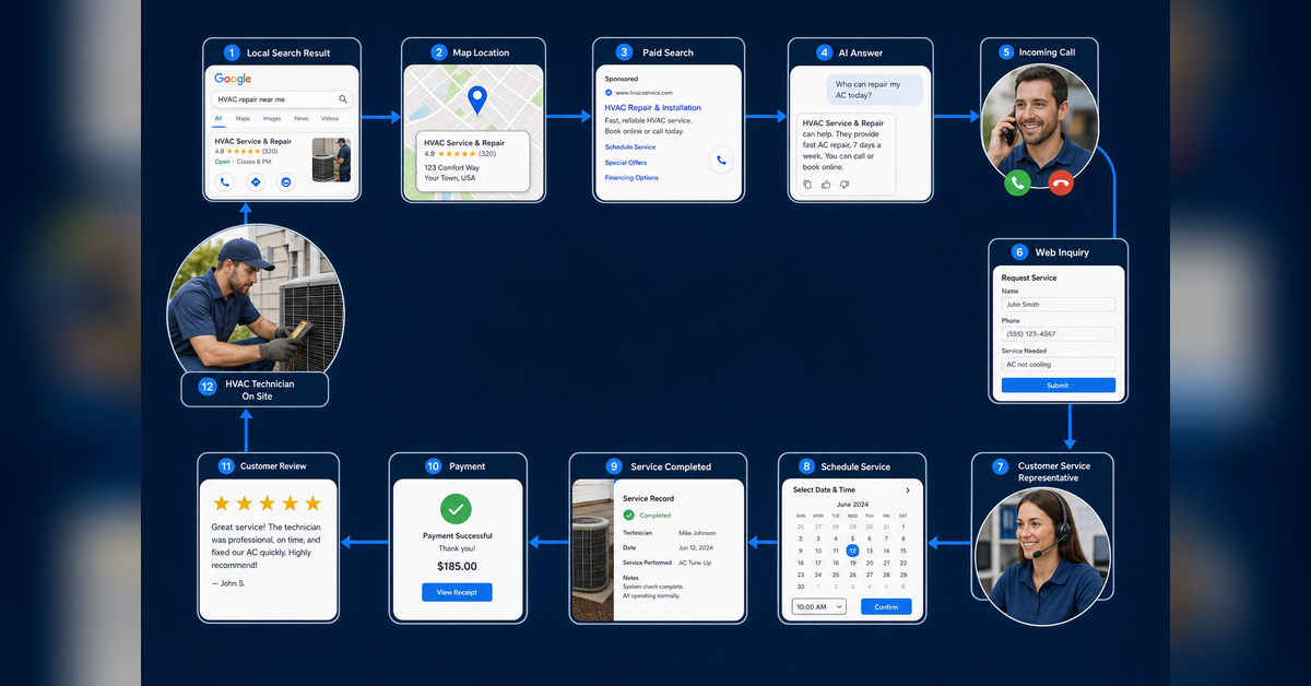 HVAC lead generation agency connecting search, calls, booking, completed jobs, profit, and retention
