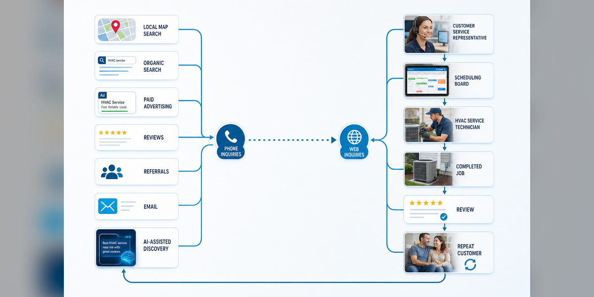 HVAC lead generation connecting search, ads, reviews, referrals, response, booking, completed jobs, and repeat customers