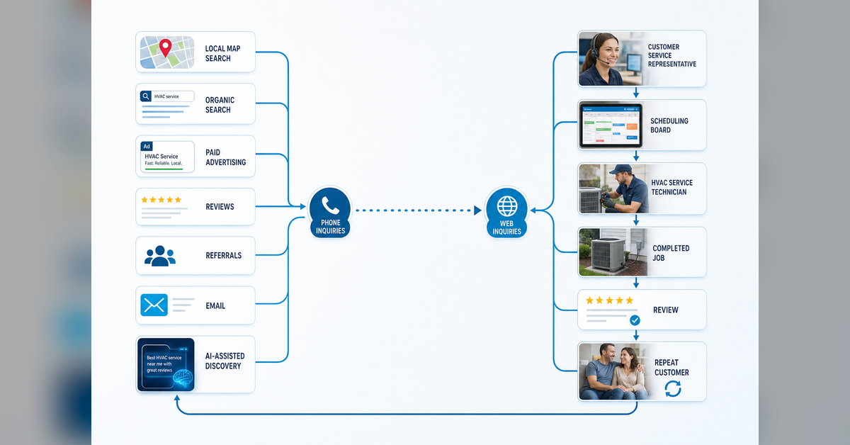 HVAC lead generation connecting search, ads, reviews, referrals, response, booking, completed jobs, and repeat customers
