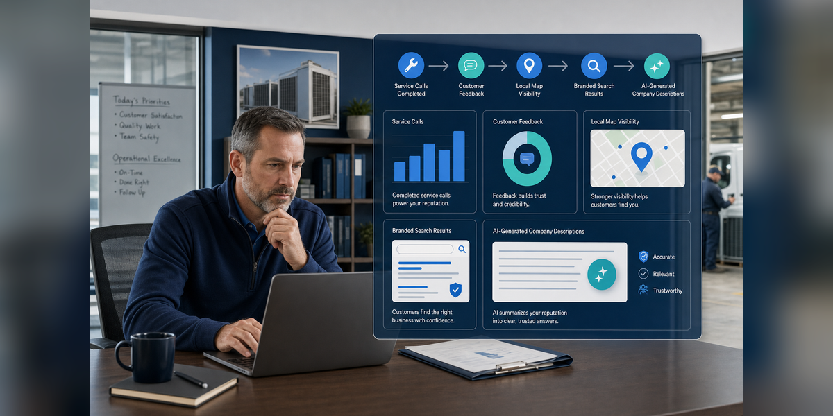 HVAC reputation management system connecting service quality, customer reviews, local search and AI trust